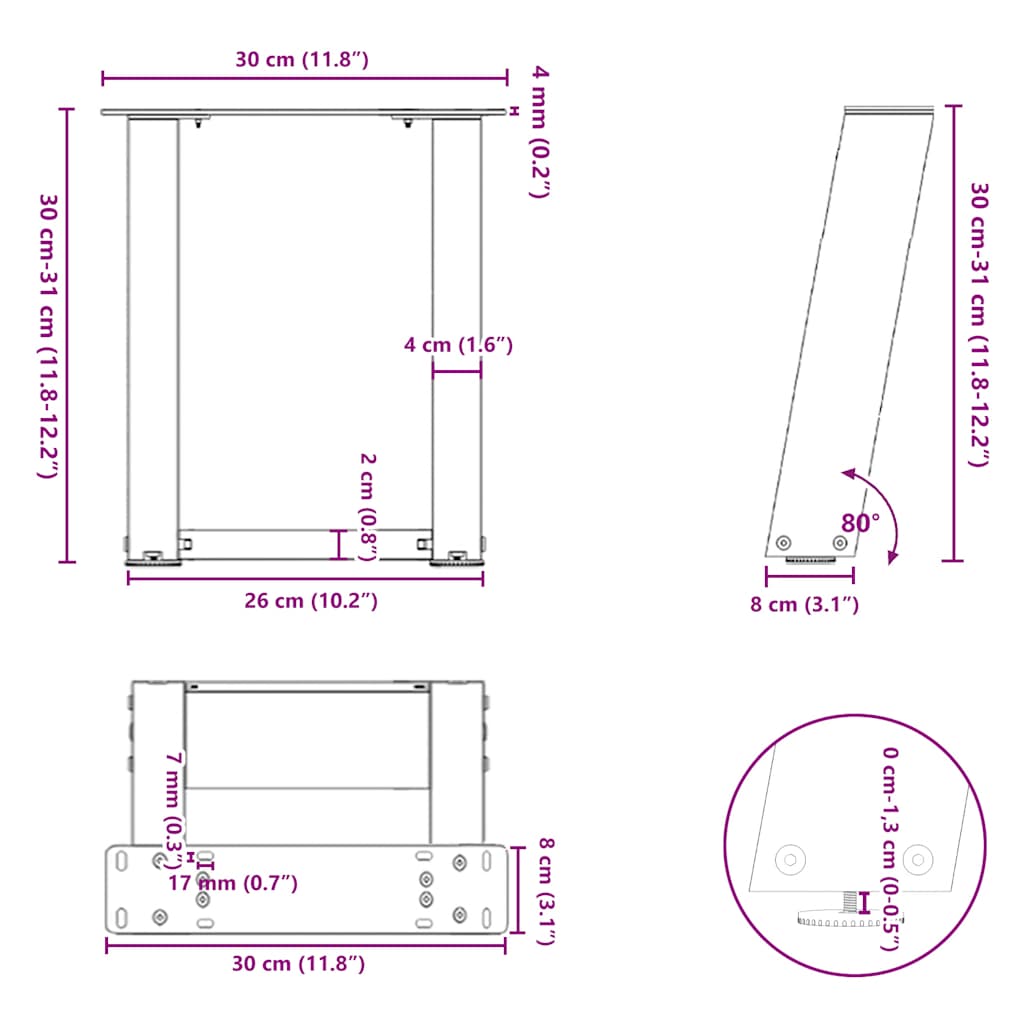 Pieds de table basse forme de U 2 pcs noir 30x(30-31) cm acier Pieds de table vidaXL