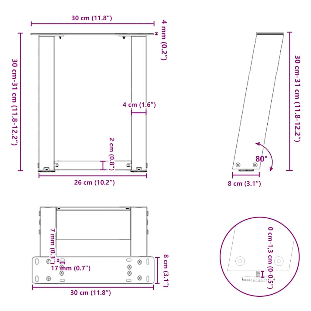 Pieds de table basse forme de U 2 pcs blanc 30x(30-31) cm acier Pieds de table vidaXL