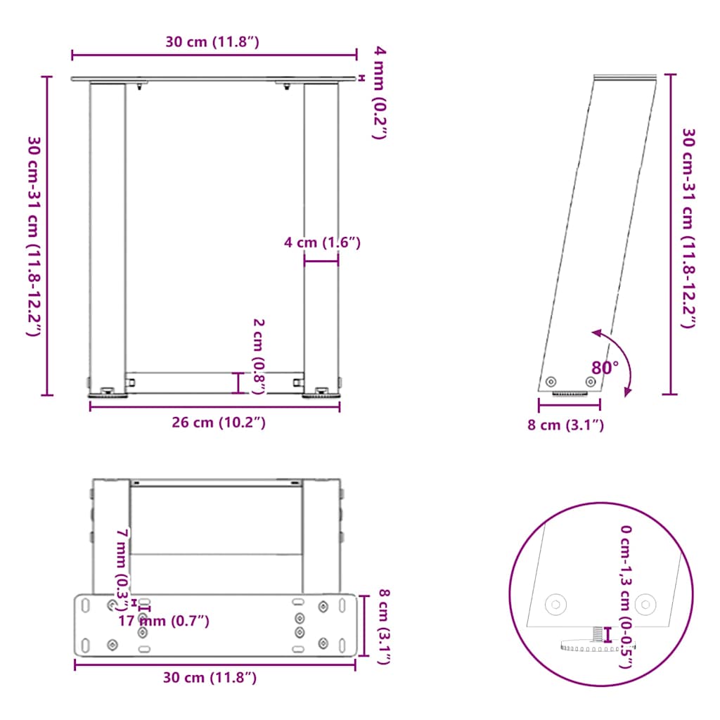 Pieds de table basse forme de U 2 pcs anthracite 30x(30-31) cm Pieds de table vidaXL