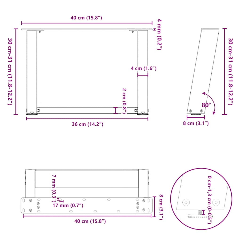 Pieds de table basse forme de U 2 pcs noir 40x(30-31) cm acier Pieds de table vidaXL