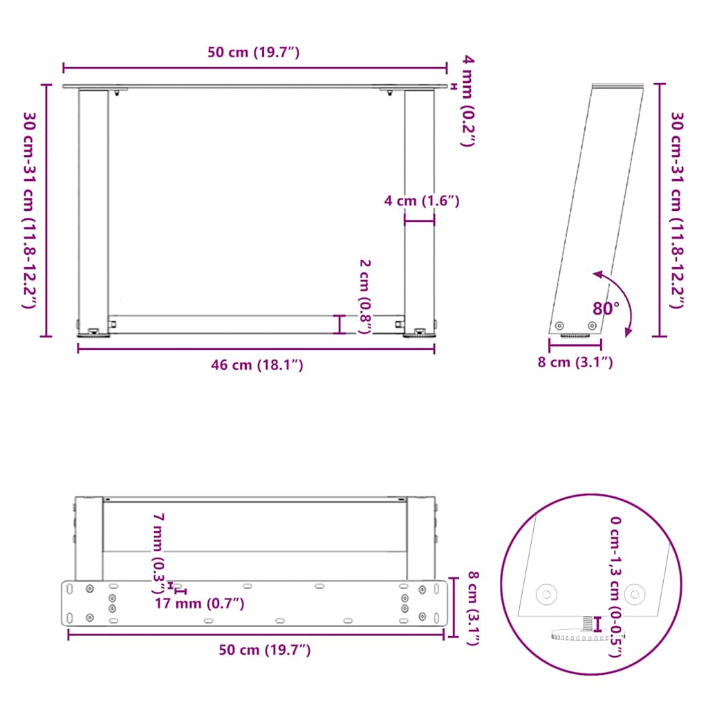 Pieds de table basse forme de U 2 pcs noir 50x(30-31) cm acier Pieds de table vidaXL