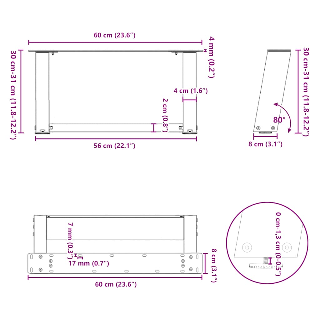 Pieds de table basse forme de U 2 pcs noir 60x(30-31) cm acier Pieds de table vidaXL