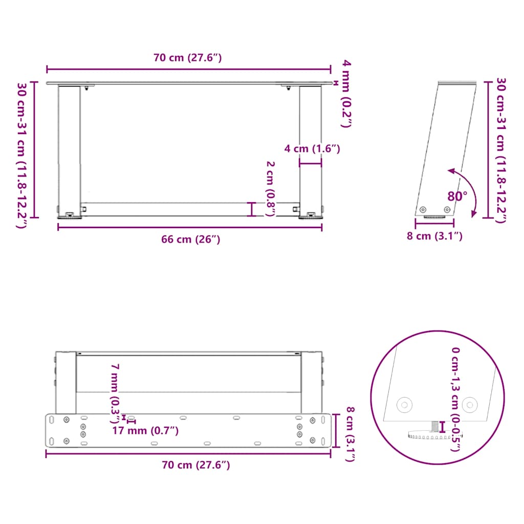 Pieds de table basse forme de U 2 pcs anthracite 70x(30-31) cm Pieds de table vidaXL