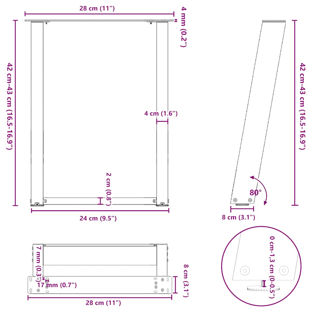 Pieds de table basse forme de U 2 pcs noir 28x(42-43) cm acier Pieds de table vidaXL