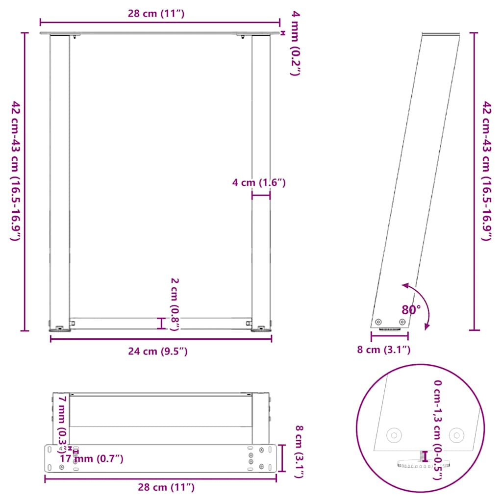 Pieds de table basse forme de U 2 pcs blanc 28x(42-43) cm acier Pieds de table vidaXL