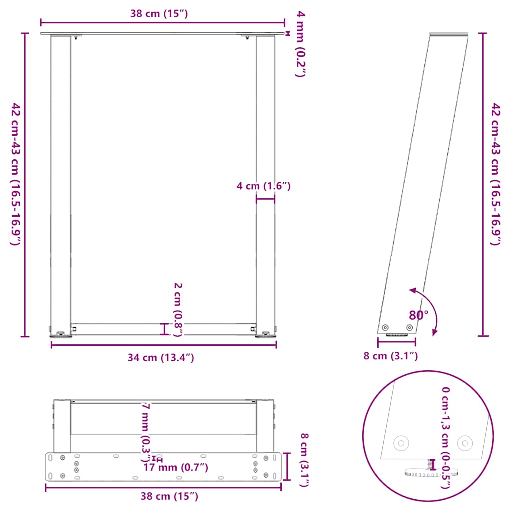 Pieds de table basse forme de U 2 pcs noir 38x(42-43) cm acier Pieds de table vidaXL