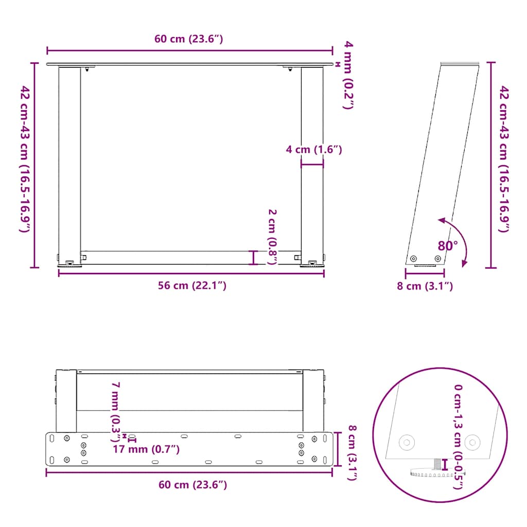 Pieds de table basse forme de U 2 pcs noir 60x(42-43) cm acier Pieds de table vidaXL