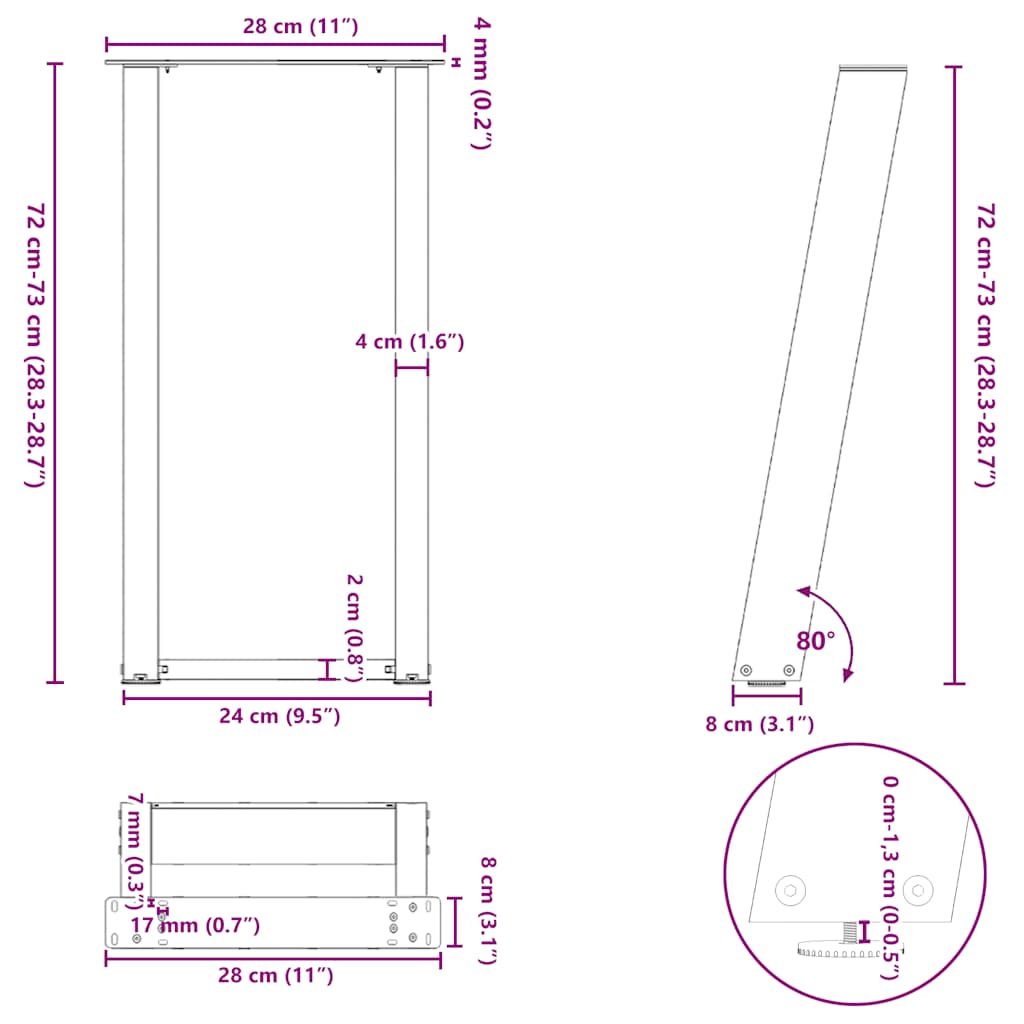 Pieds de table console forme de U 2 pcs noir 28x(72-73)cm acier Pieds de table vidaXL