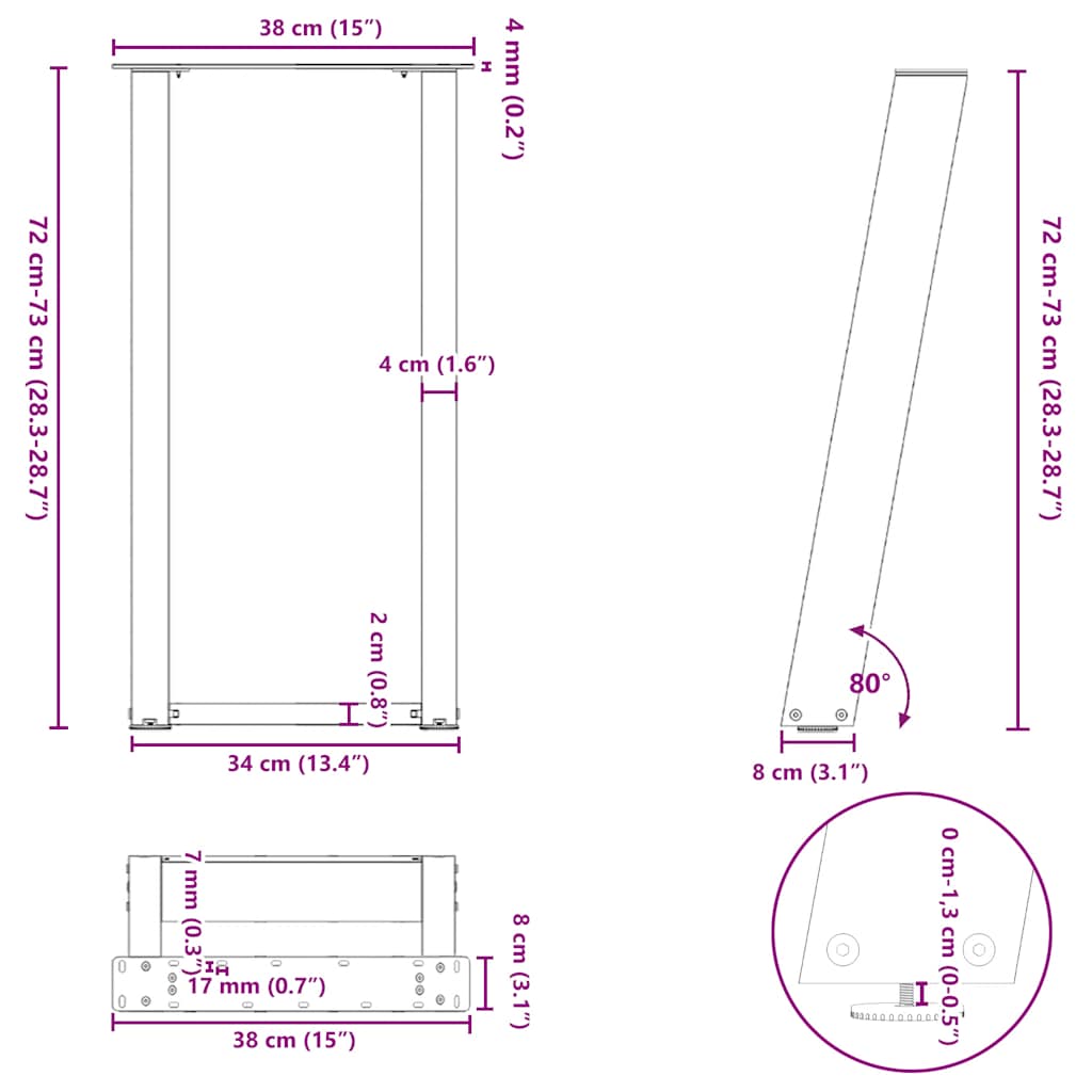 Pieds de table console forme de U 2 pcs 38x(72-73) cm acier Pieds de table vidaXL