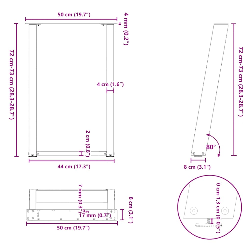 Pieds de table à manger forme de U 2 pcs noir 50x(72-73) cm Pieds de table vidaXL