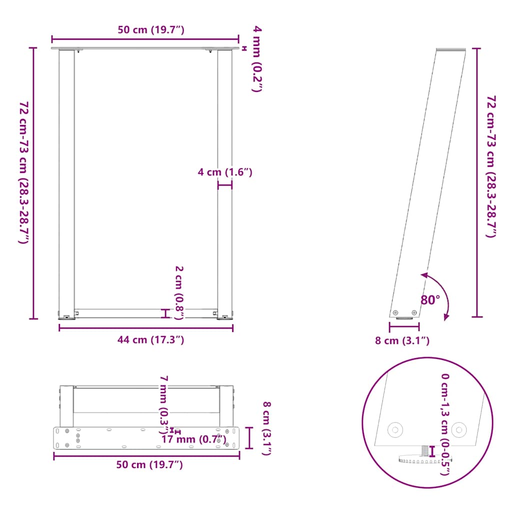 Pieds de table à manger forme de U 2 pcs blanc 50x(72-73) cm Pieds de table vidaXL