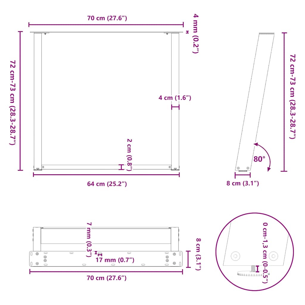 Pieds de table à manger forme de U 2 pcs noir 70x(72-73) cm Pieds de table vidaXL