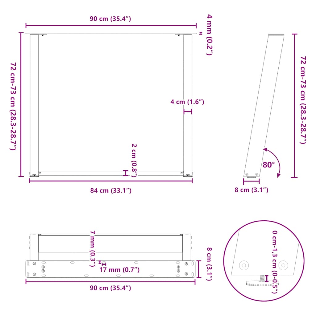 Pieds de table à manger forme de U 2 pcs 90x(72-73) cm acier Pieds de table vidaXL