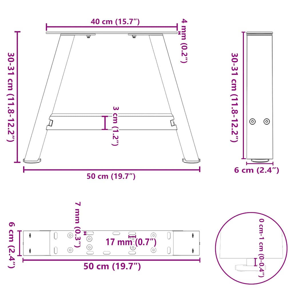 Pieds de table basse forme de A 2 pcs blanc 50x(30-31) cm acier Pieds de table vidaXL