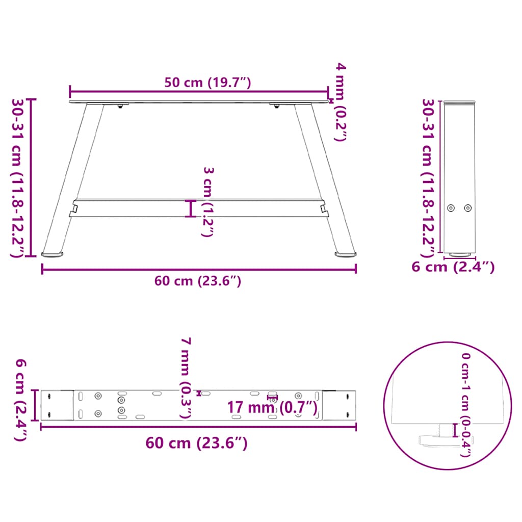 Pieds de table basse forme de A 2 pcs blanc 60x(30-31) cm acier Pieds de table vidaXL