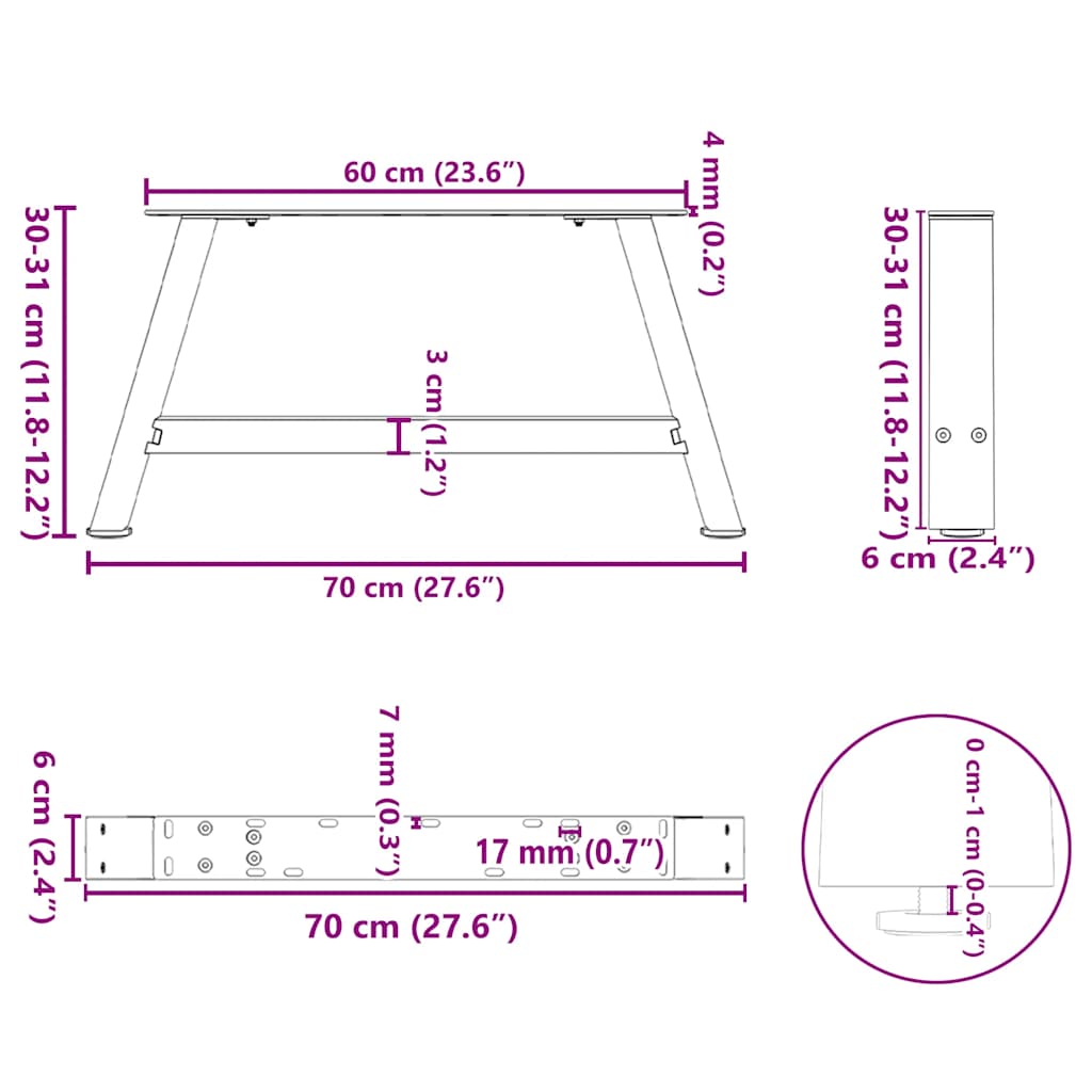 Pieds de table basse forme de A 2 pcs noir 70x(30-31) cm acier Pieds de table vidaXL   