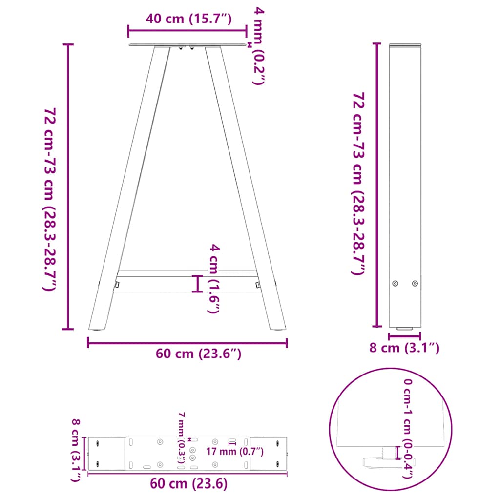 Pieds de table basse forme de A 2 pcs blanc 60x(72-73) cm acier Pieds de table vidaXL