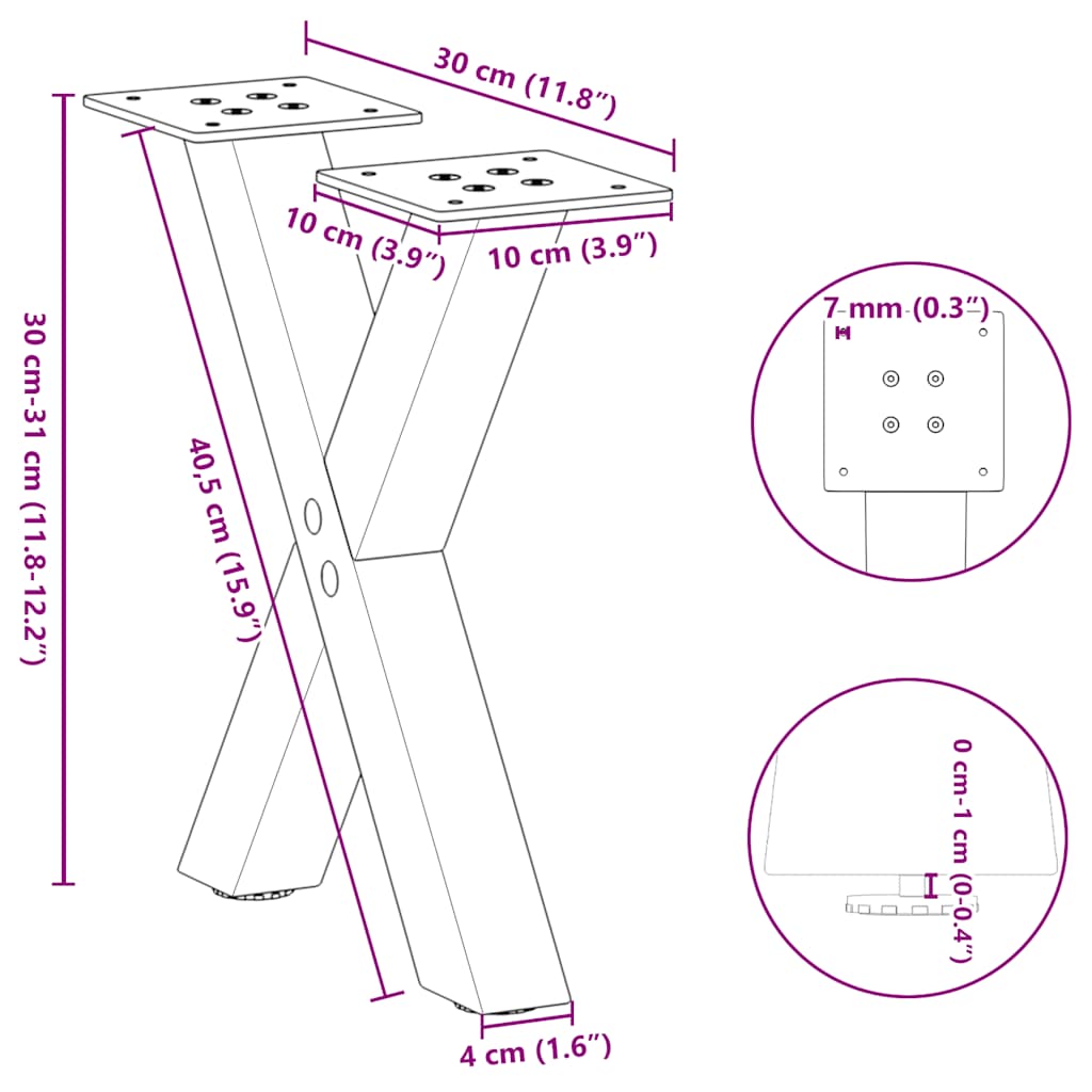 Pieds de table basse forme de X 2 pcs blanc 30x(30-31) cm acier Pieds de table vidaXL