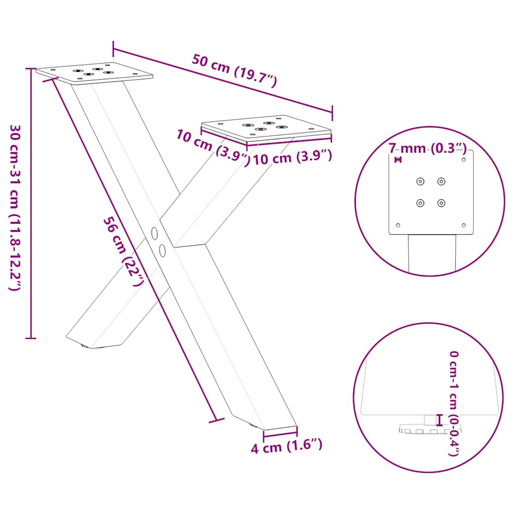 Pieds de table basse forme de X 2 pcs noir 50x(30-31) cm acier Pieds de table vidaXL