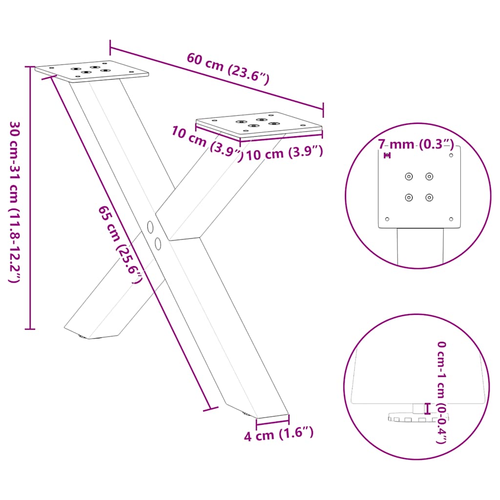 Pieds de table basse forme de X 2 pcs noir 60x(30-31) cm acier Pieds de table vidaXL