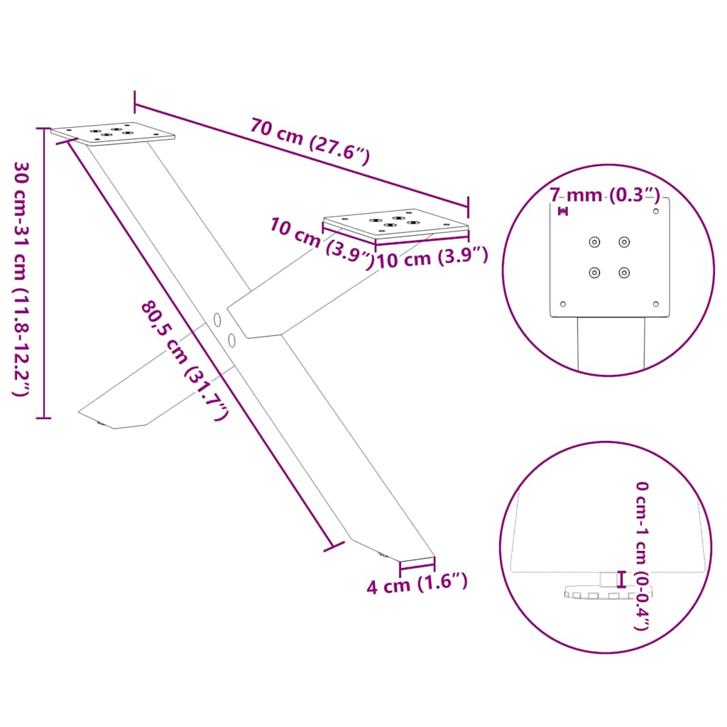 Pieds de table basse forme de X 2 pcs blanc 70x(30-31) cm acier Pieds de table vidaXL