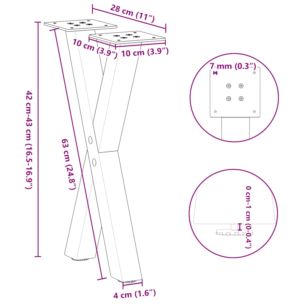 Pieds de table basse forme de X 2 pcs noir 28x(42-43) cm acier Pieds de table vidaXL