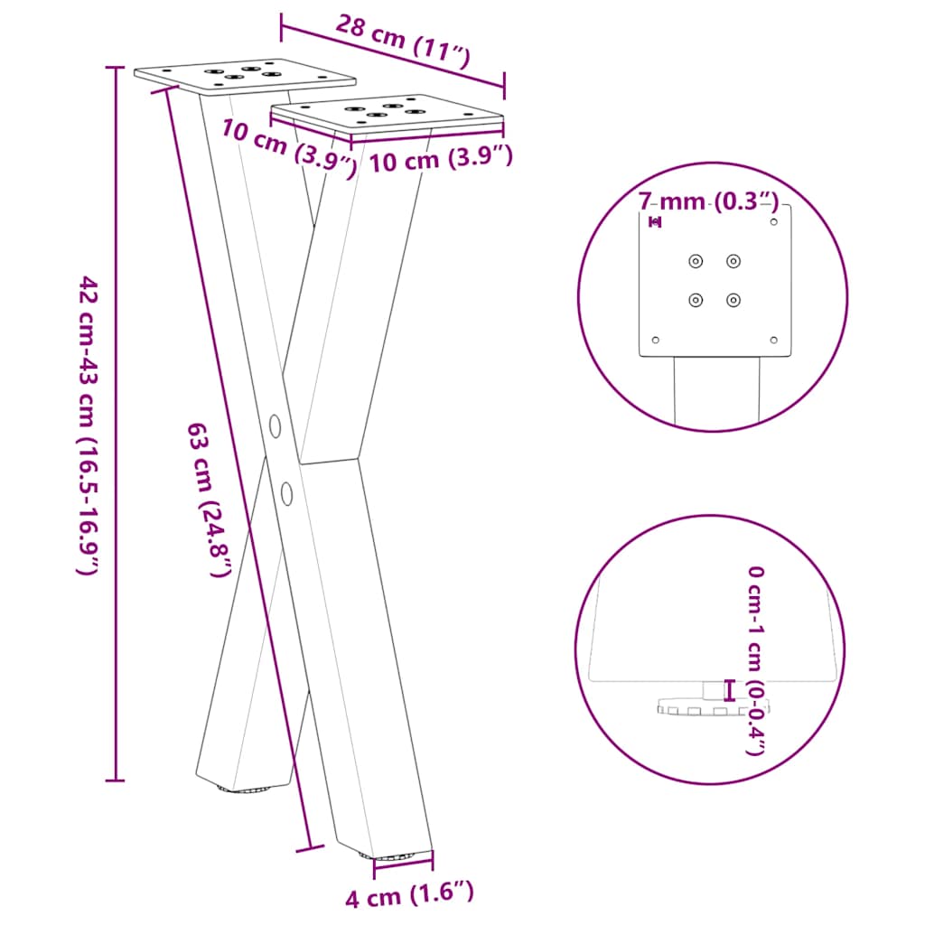 Pieds de table basse forme de X 2 pcs blanc 28x(42-43) cm acier Pieds de table vidaXL