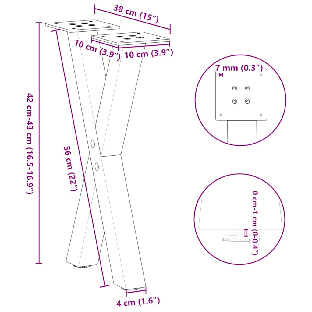 Pieds de table basse forme de X 2 pcs blanc 38x(42-43) cm acier Pieds de table vidaXL