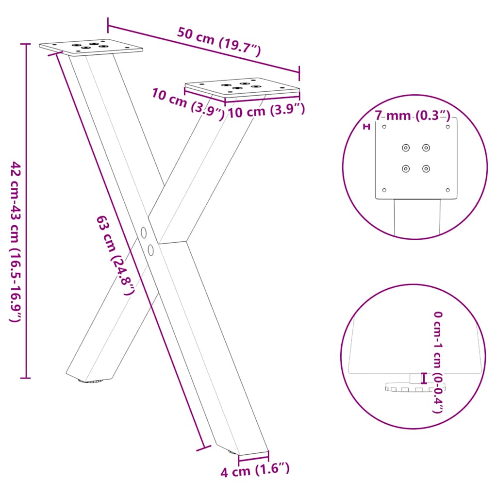 Pieds de table basse forme de X 2 pcs blanc 50x(42-43) cm acier Pieds de table vidaXL