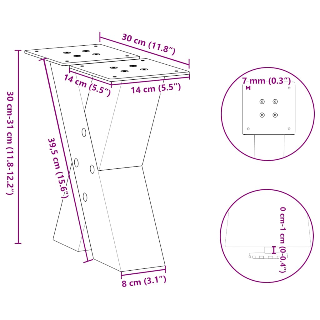 Pieds de table basse forme de X 2 pcs blanc 30x(30-31) cm acier Pieds de table vidaXL