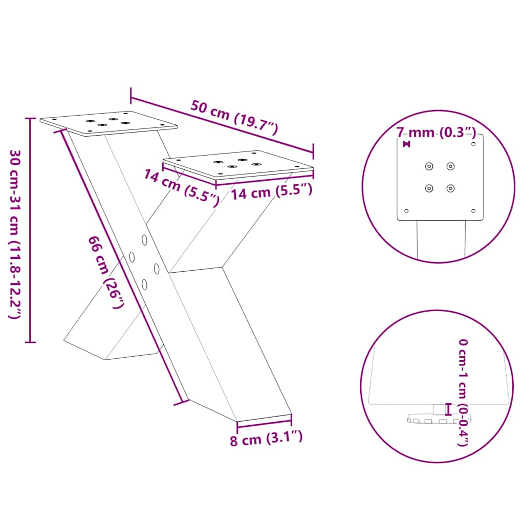 Pieds de table basse forme de X 2 pcs noir 50x(30-31) cm acier Pieds de table vidaXL