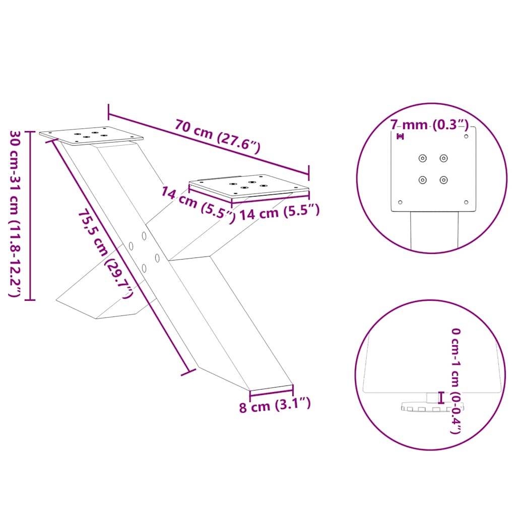 Pieds de table basse forme de X 2 pcs blanc 70x(30-31) cm acier Pieds de table vidaXL