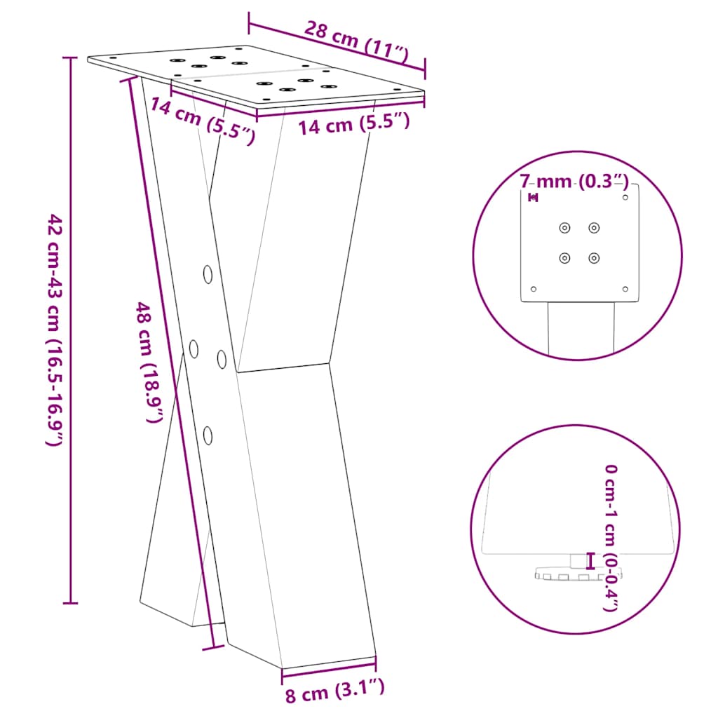 Pieds de table basse forme de X 2 pcs noir 28x(42-43) cm acier Pieds de table vidaXL