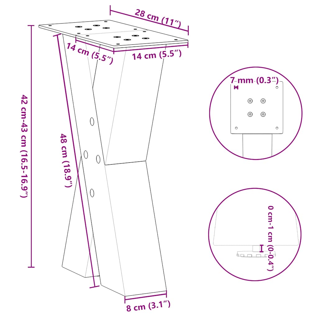 Pieds de table basse forme de X 2 pcs blanc 28x(42-43) cm acier Pieds de table vidaXL