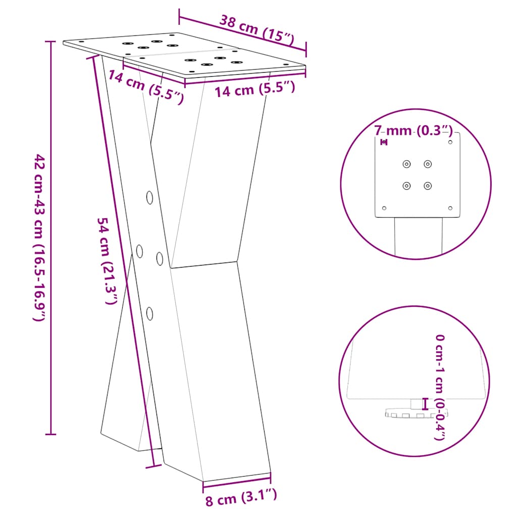 Pieds de table basse forme de X 2 pcs noir 38x(42-43) cm acier Pieds de table vidaXL