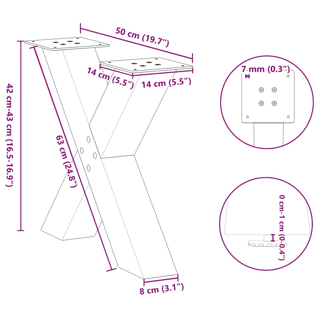 Pieds de table basse forme de X 2 pcs blanc 50x(42-43) cm acier Pieds de table vidaXL