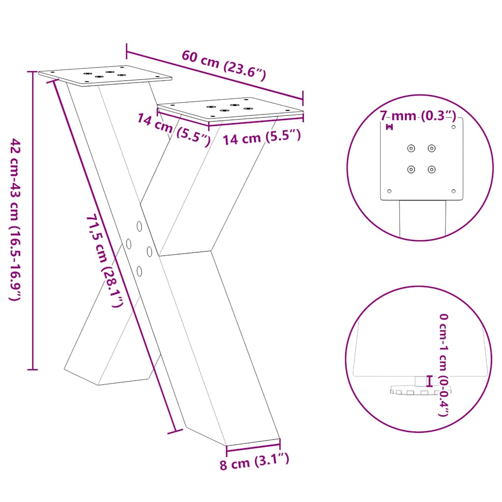 Pieds de table basse forme de X 2 pcs noir 60x(42-43) cm acier Pieds de table vidaXL