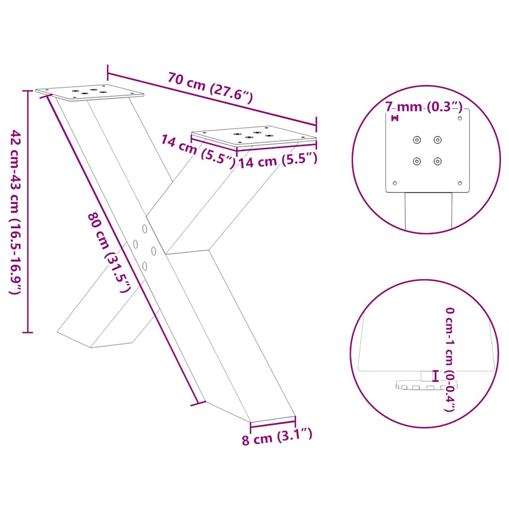 Pieds de table basse forme de X 2 pcs noir 70x(42-43) cm acier Pieds de table vidaXL