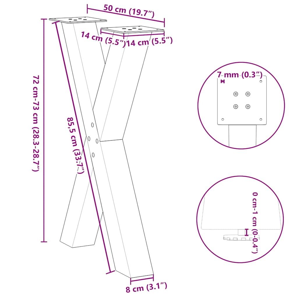 Pieds de table à manger forme de X 2 pcs 50x(72-73) cm acier Pieds de table vidaXL