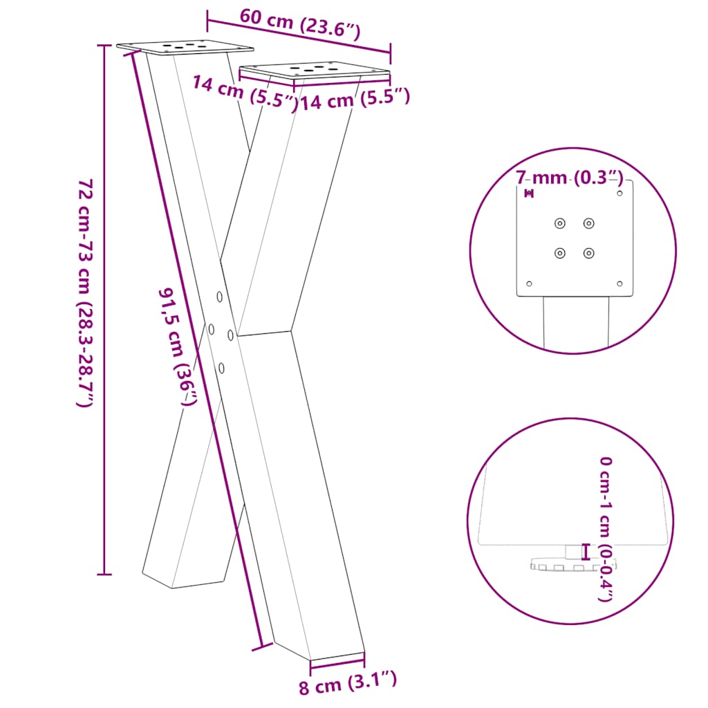 Pieds de table à manger forme de X 2 pcs 60x(72-73) cm acier Pieds de table vidaXL