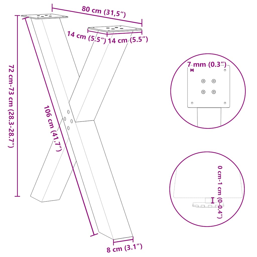 Pieds de table à manger forme de X 3 pcs blanc 80x(72-73) cm Pieds de table vidaXL