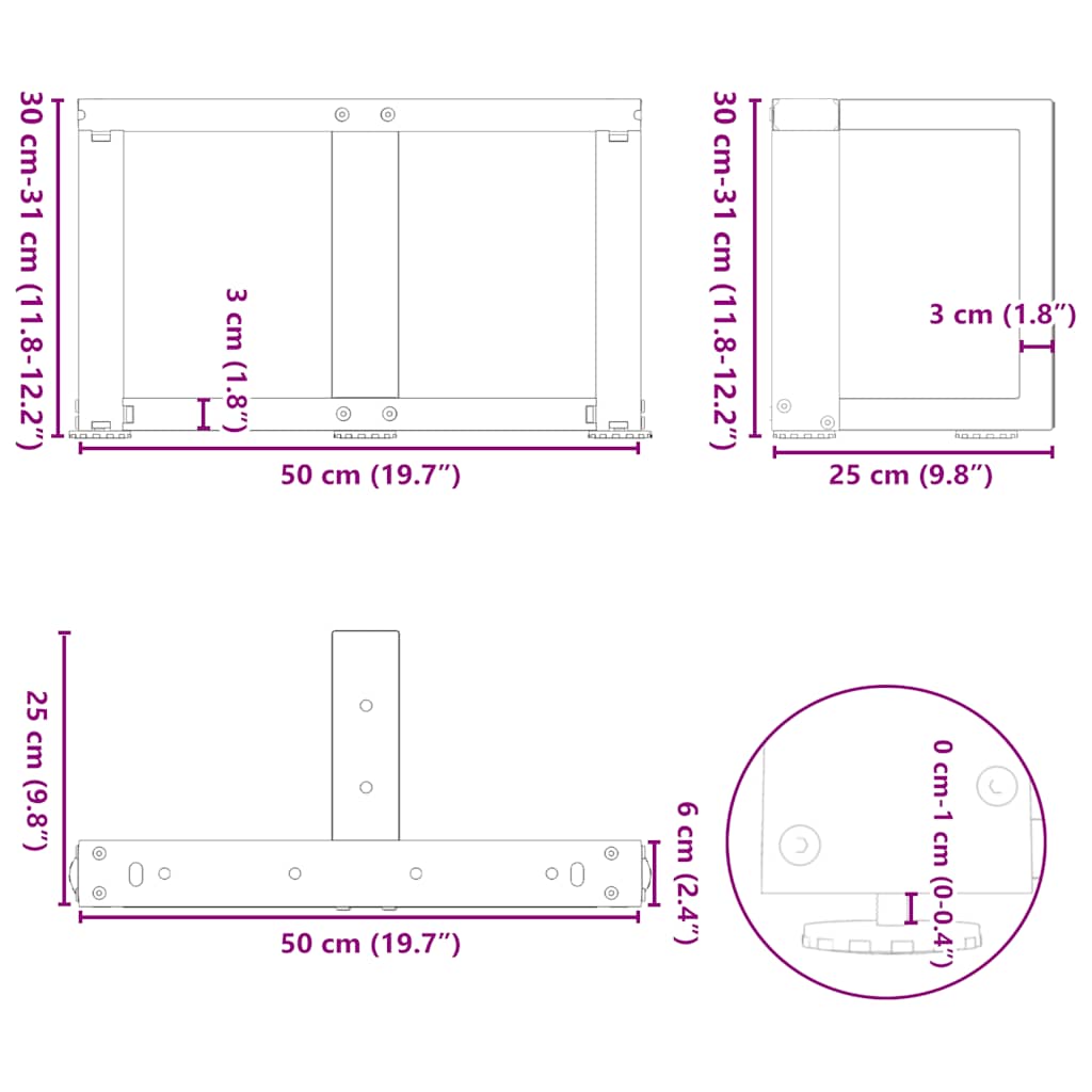 Pieds de table basse en forme de T 2 pcs blanc 50x25x(30-31) cm Pieds de table vidaXL