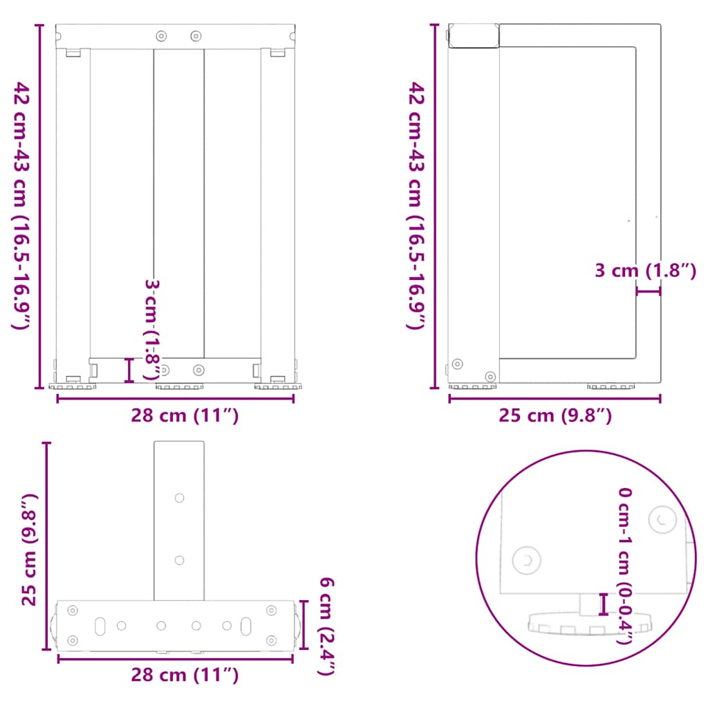 Pieds de table basse forme de T 2 pcs 28x25x(42-43) cm acier Pieds de table vidaXL