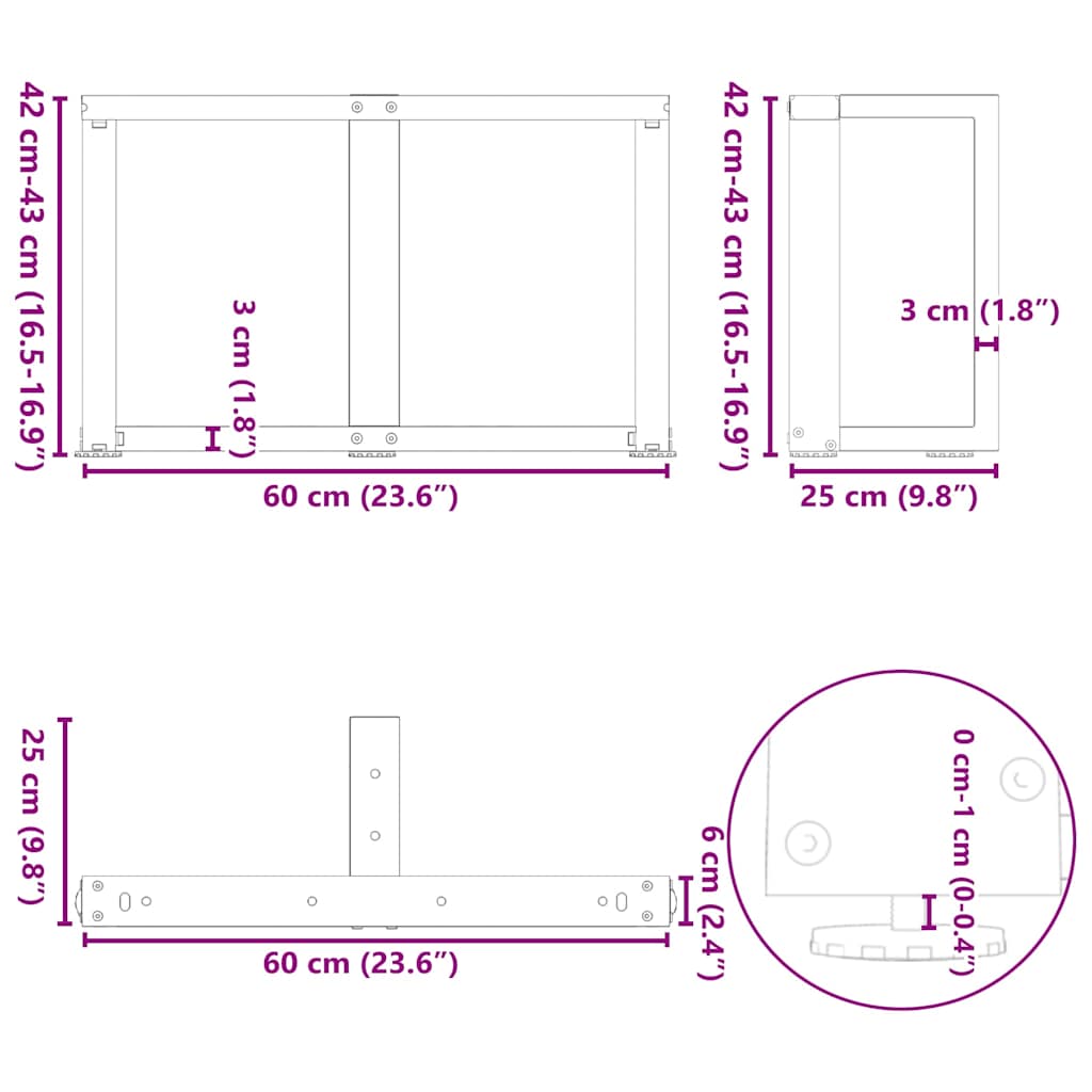 Pieds de table basse forme de T 2pcs noir 60x25x(42-43)cm acier Pieds de table vidaXL   