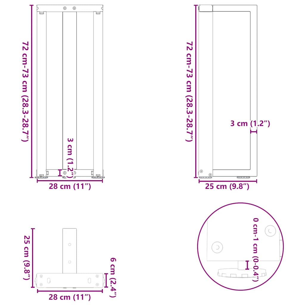 Pieds de table console forme de T 2 pcs blanc 20x28x(72-73) cm Pieds de table vidaXL