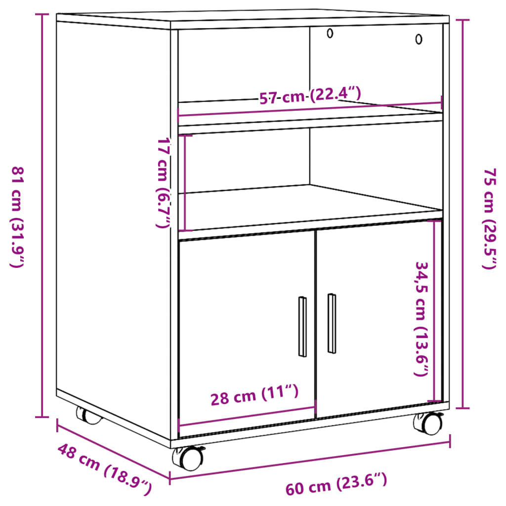 Armoire à roulettes noir 60x48x81 cm bois d'ingénierie Classeur à tiroirs vidaXL   