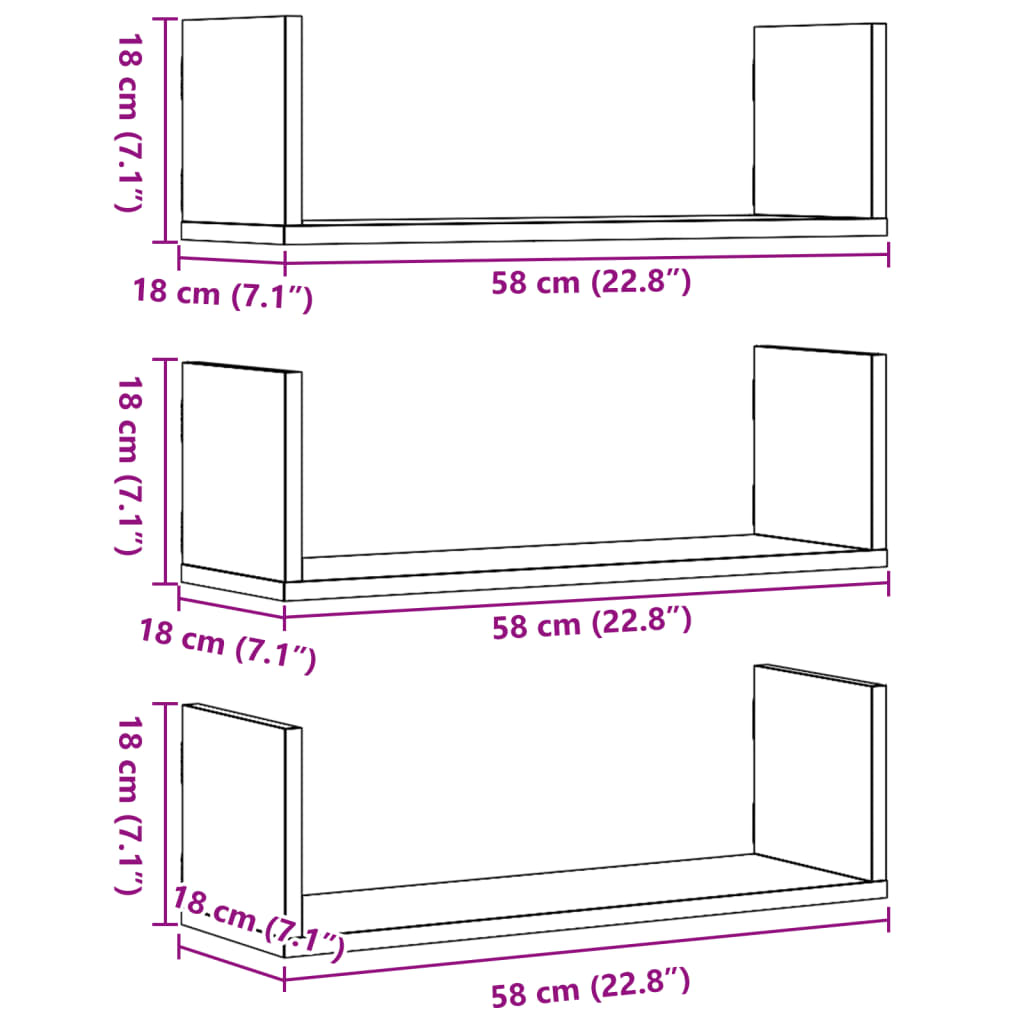 Étagères murales 3 pcs vieux bois 58x18x18 cm bois d'ingénierie Étagères murales & corniches vidaXL   