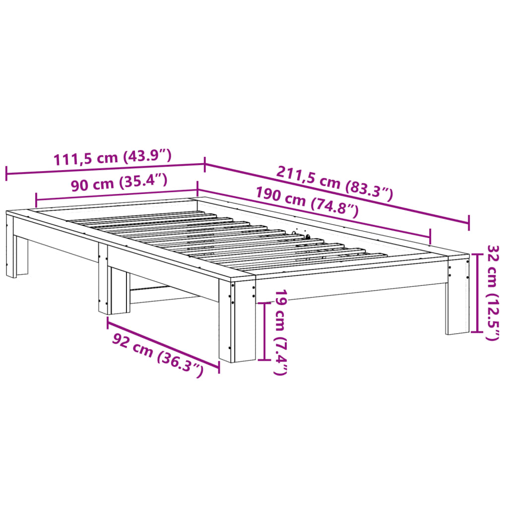 Cadre de lit sans matelas 90x190 cm bois de pin massif Lits & cadres de lit vidaXL   