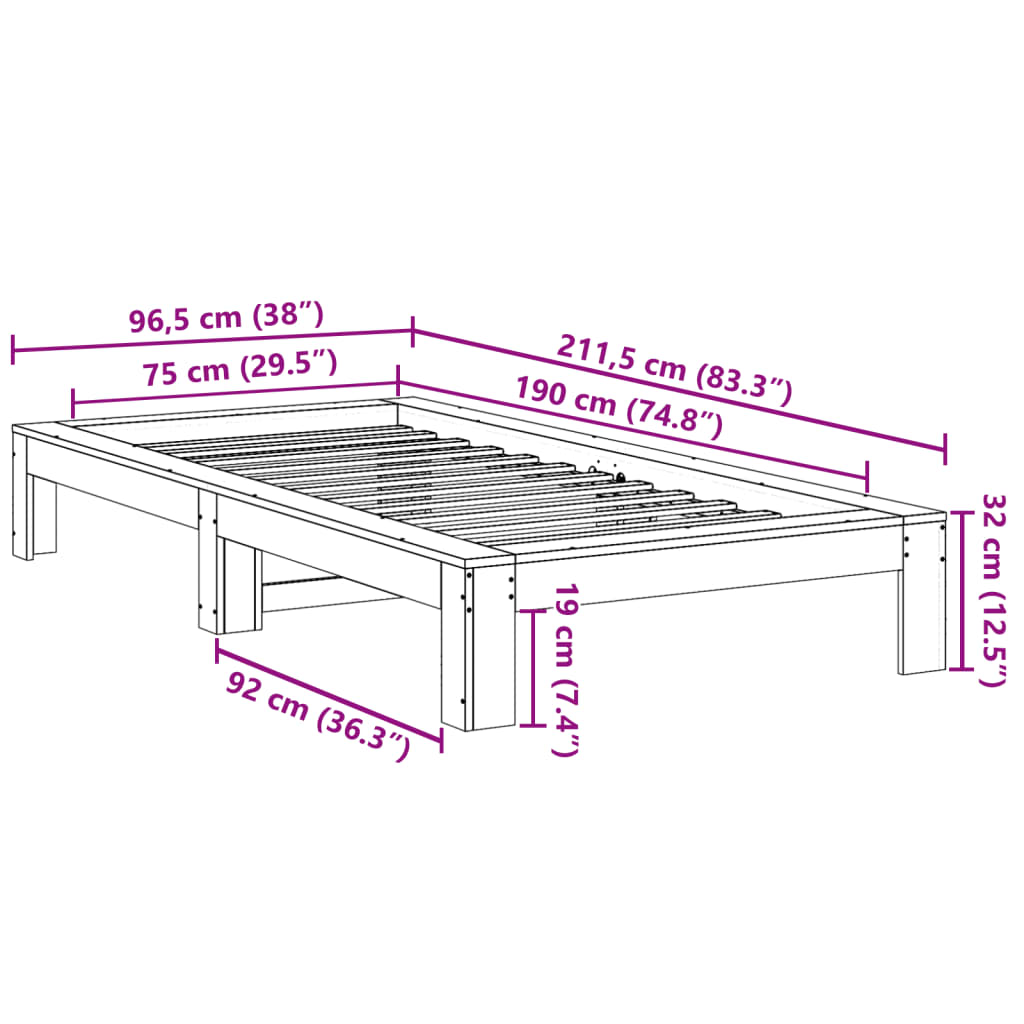 Cadre de lit sans matelas blanc 75x190 cm bois de pin massif Lits & cadres de lit vidaXL   