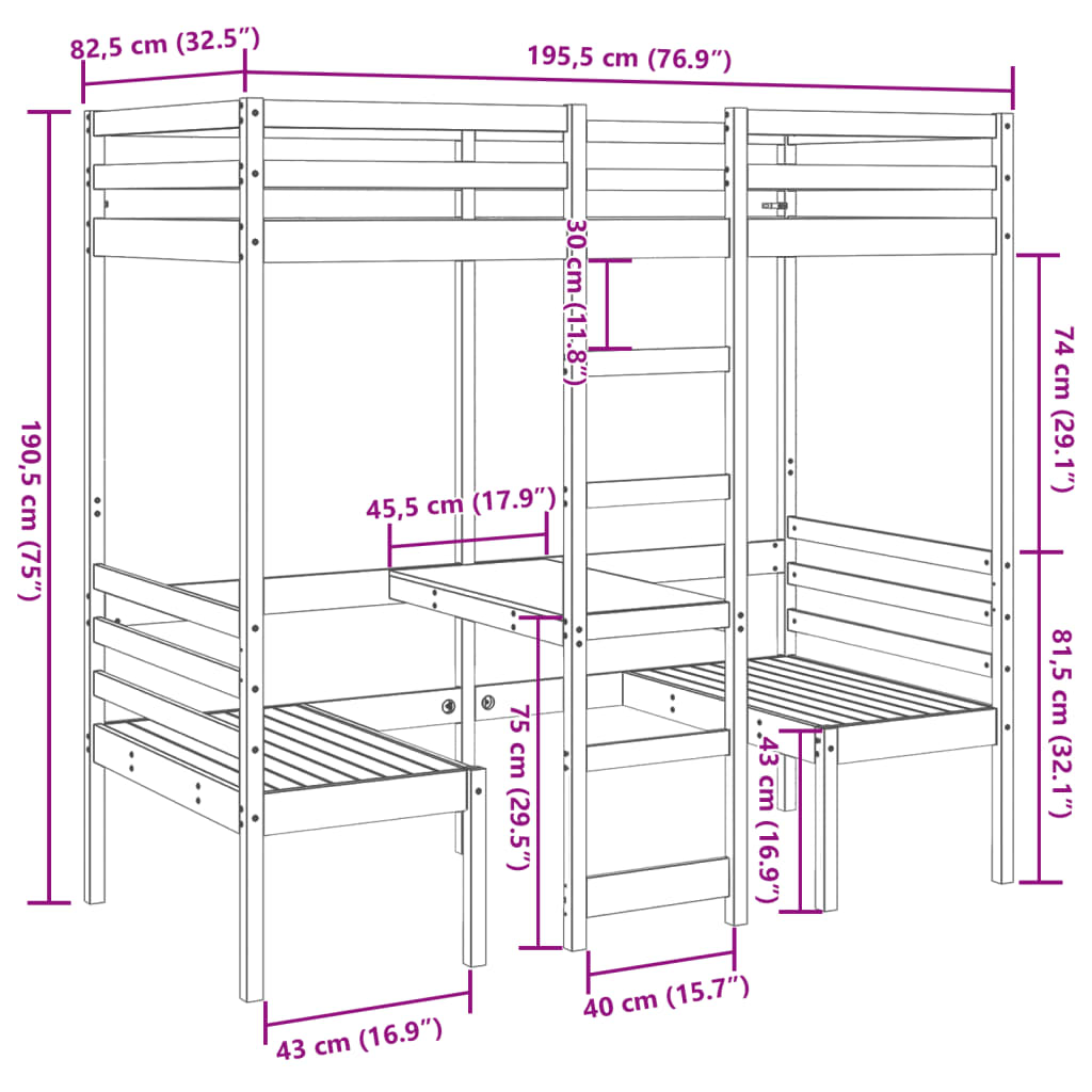 Lit mezzanine avec bureau et chaises 75x190 cm pin massif Lits & cadres de lit vidaXL   